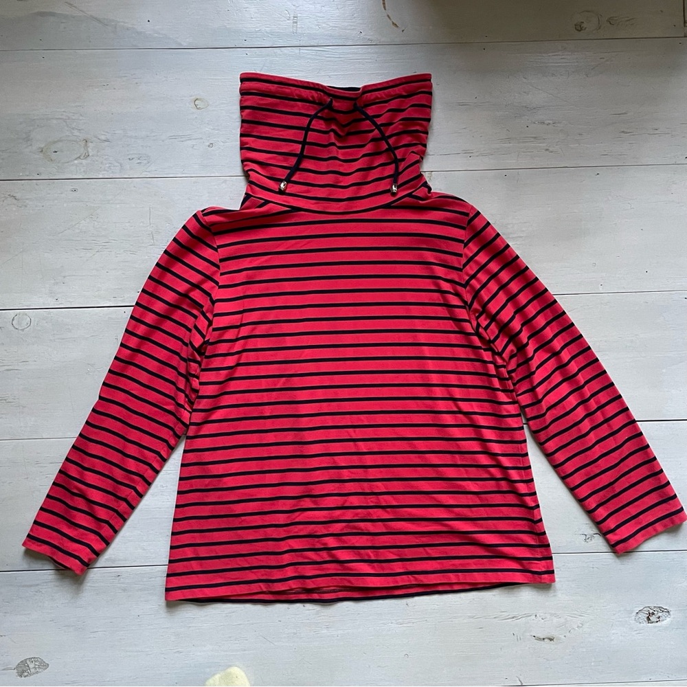 Susan Graver Weekend Women’s Stripe Top Red Navy Cowl Neck Tie Sz L Lounge Flowy